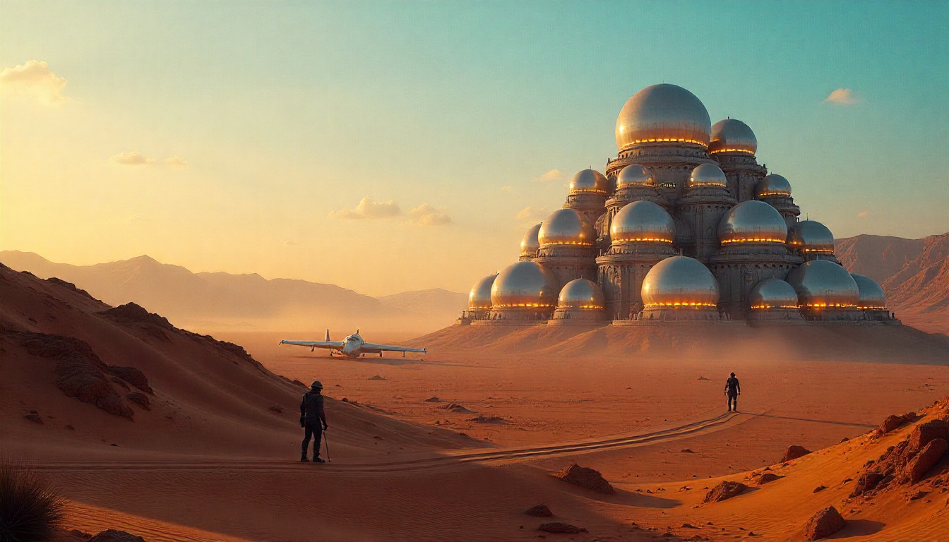 Futuristic cityscape with advanced technology infrastructure and neon lights in a desert setting at dusk