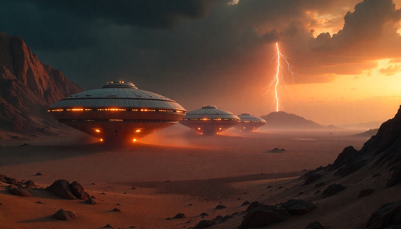 Futuristic cityscape with advanced technology infrastructure and neon lights in a desert setting at dusk