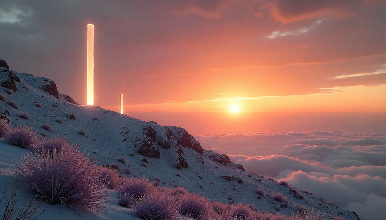 Futuristic cityscape with advanced technology infrastructure and neon lights in a desert setting at dusk