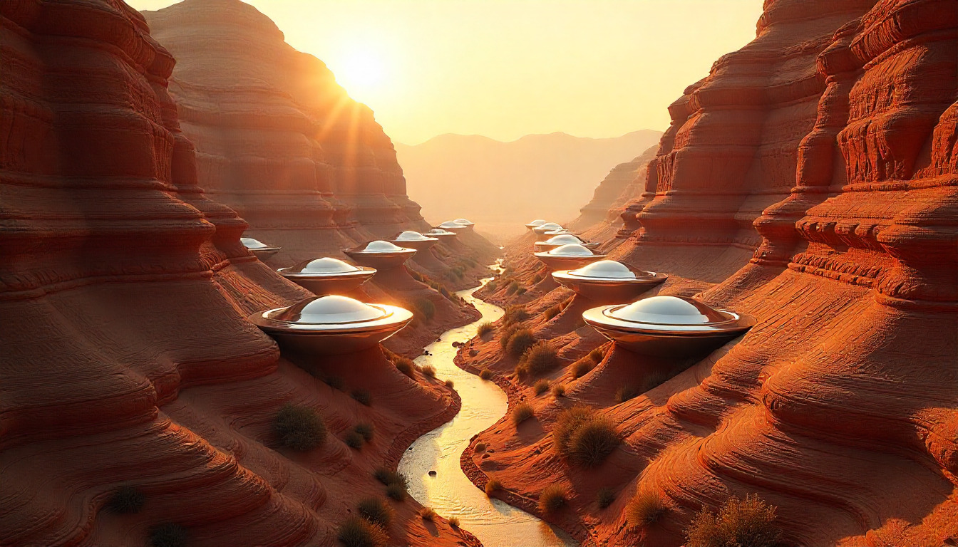 Futuristic cityscape with advanced technology infrastructure and neon lights in a desert setting at dusk