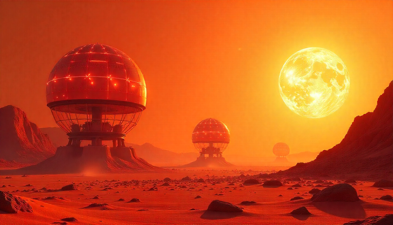 Futuristic cityscape with advanced technology infrastructure and neon lights in a desert setting at dusk