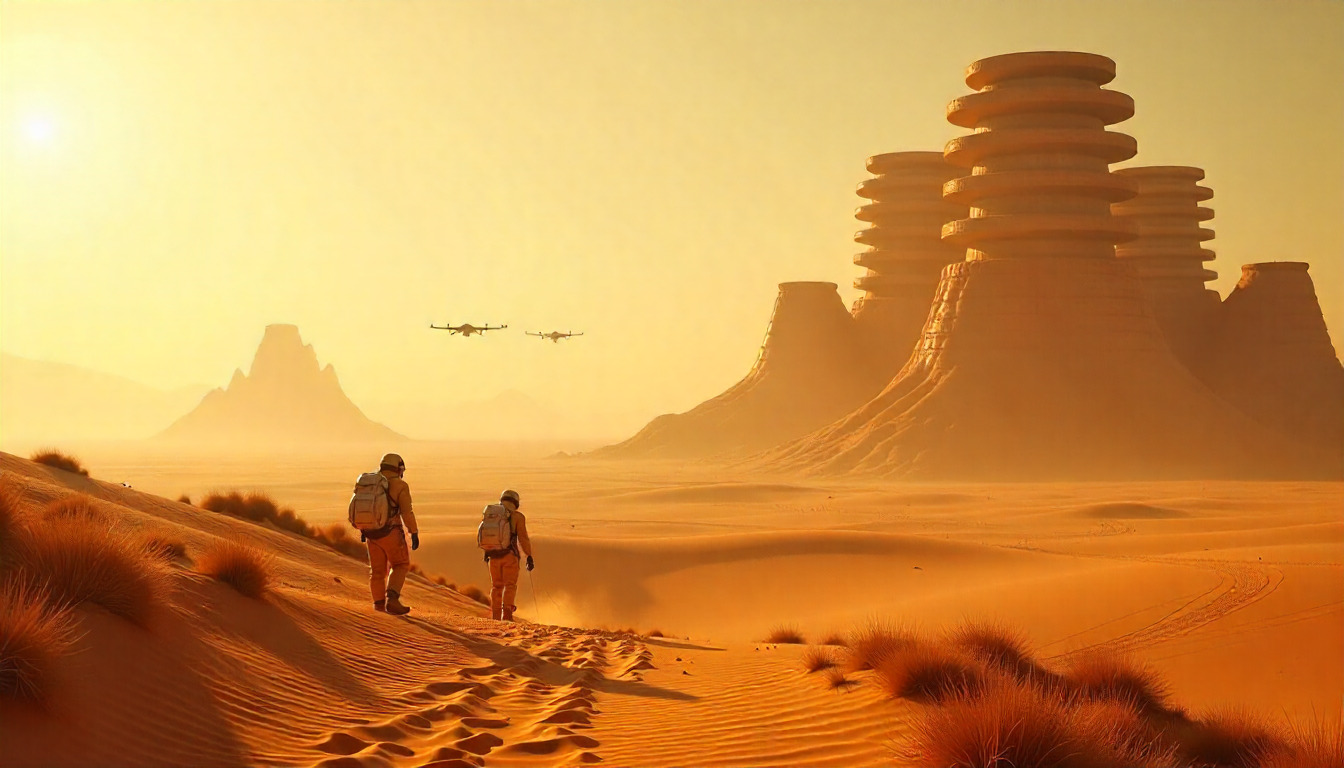 Futuristic cityscape with advanced technology infrastructure and neon lights in a desert setting at dusk