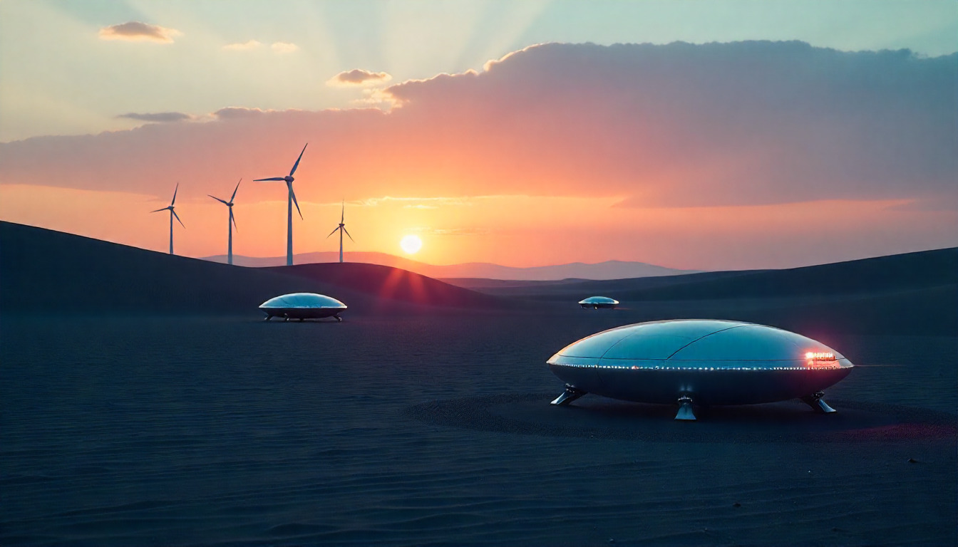 Futuristic cityscape with advanced technology infrastructure and neon lights in a desert setting at dusk