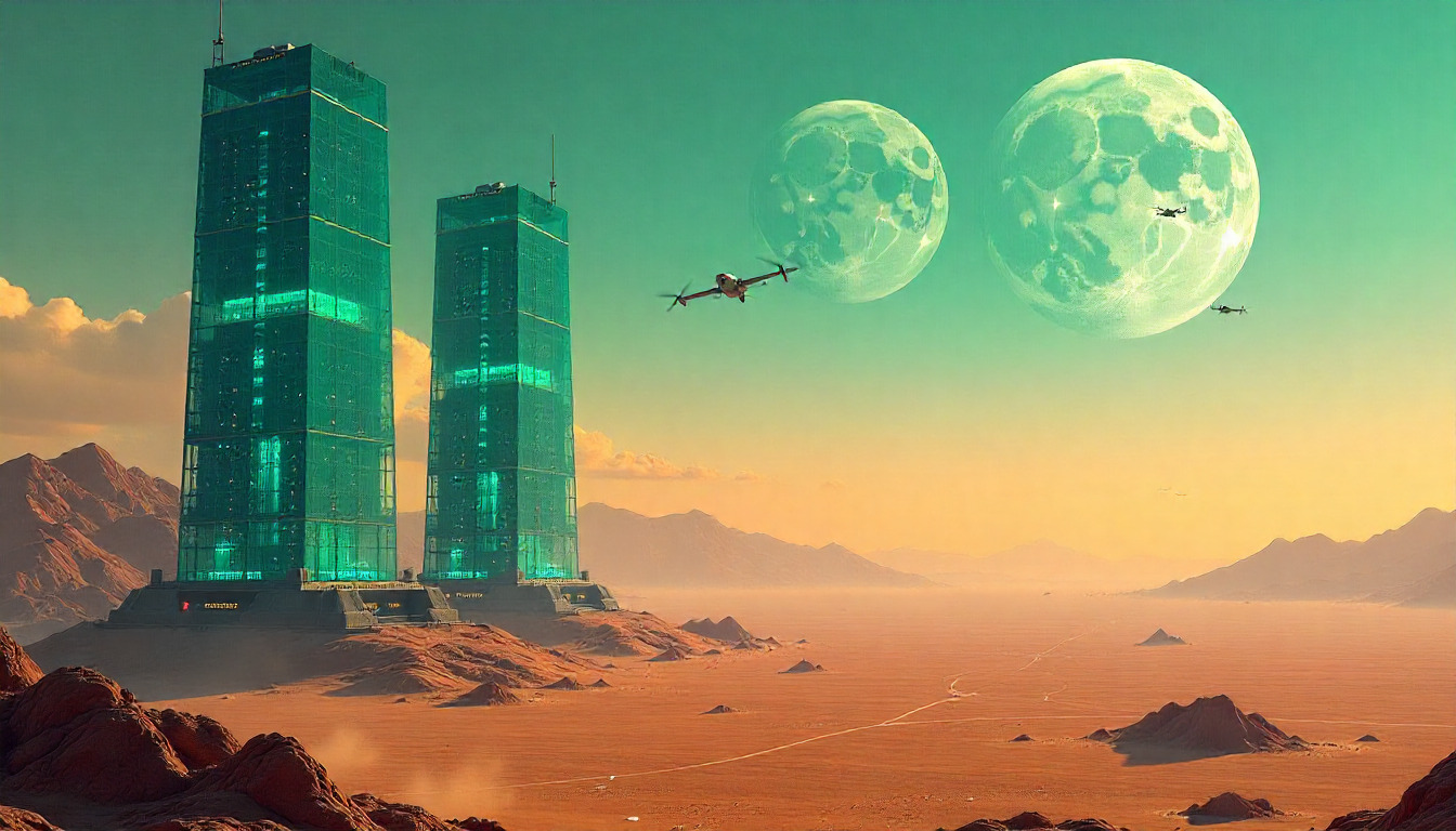 Futuristic cityscape with advanced technology infrastructure and neon lights in a desert setting at dusk