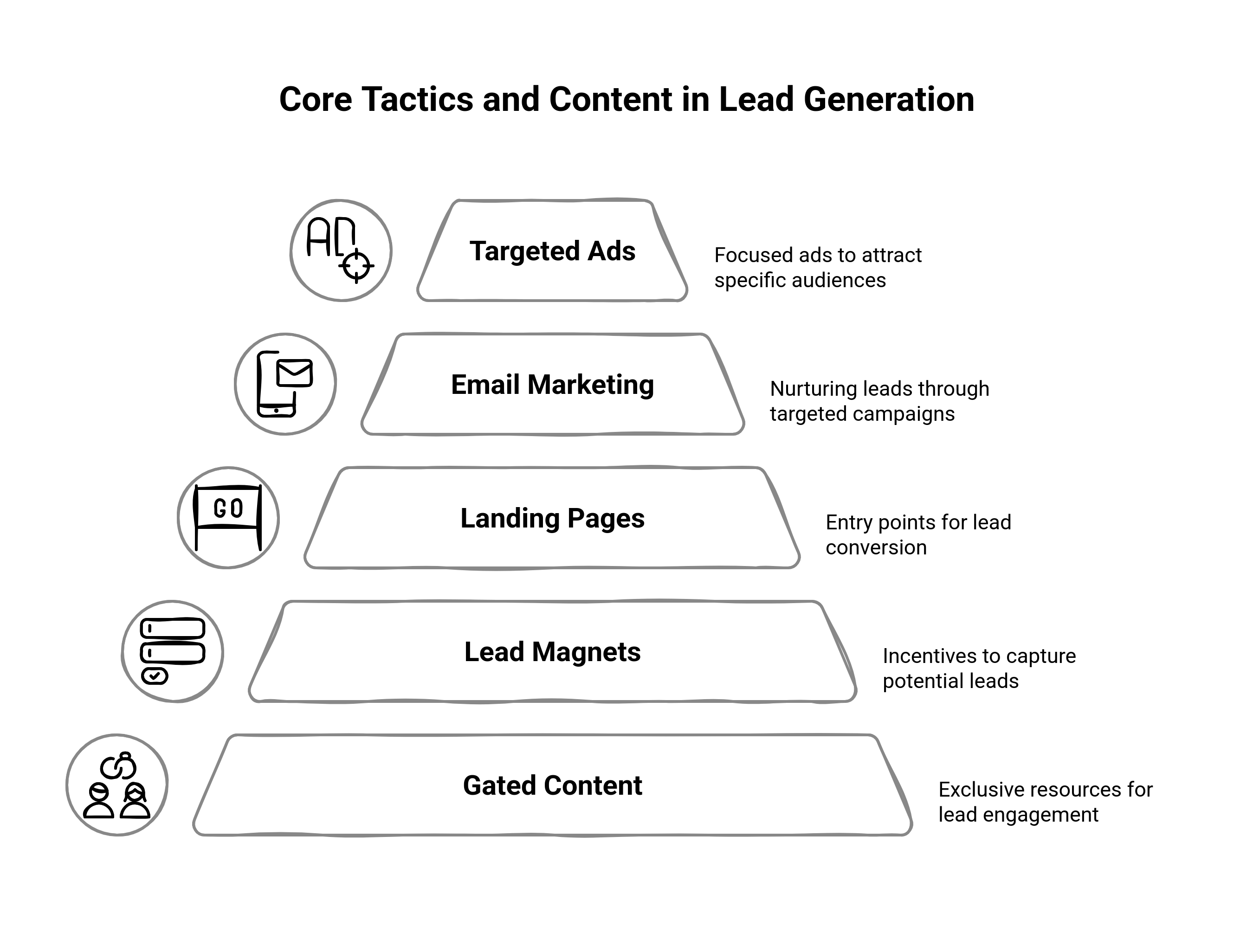 Graphic showing the core tactics and content in lead generation