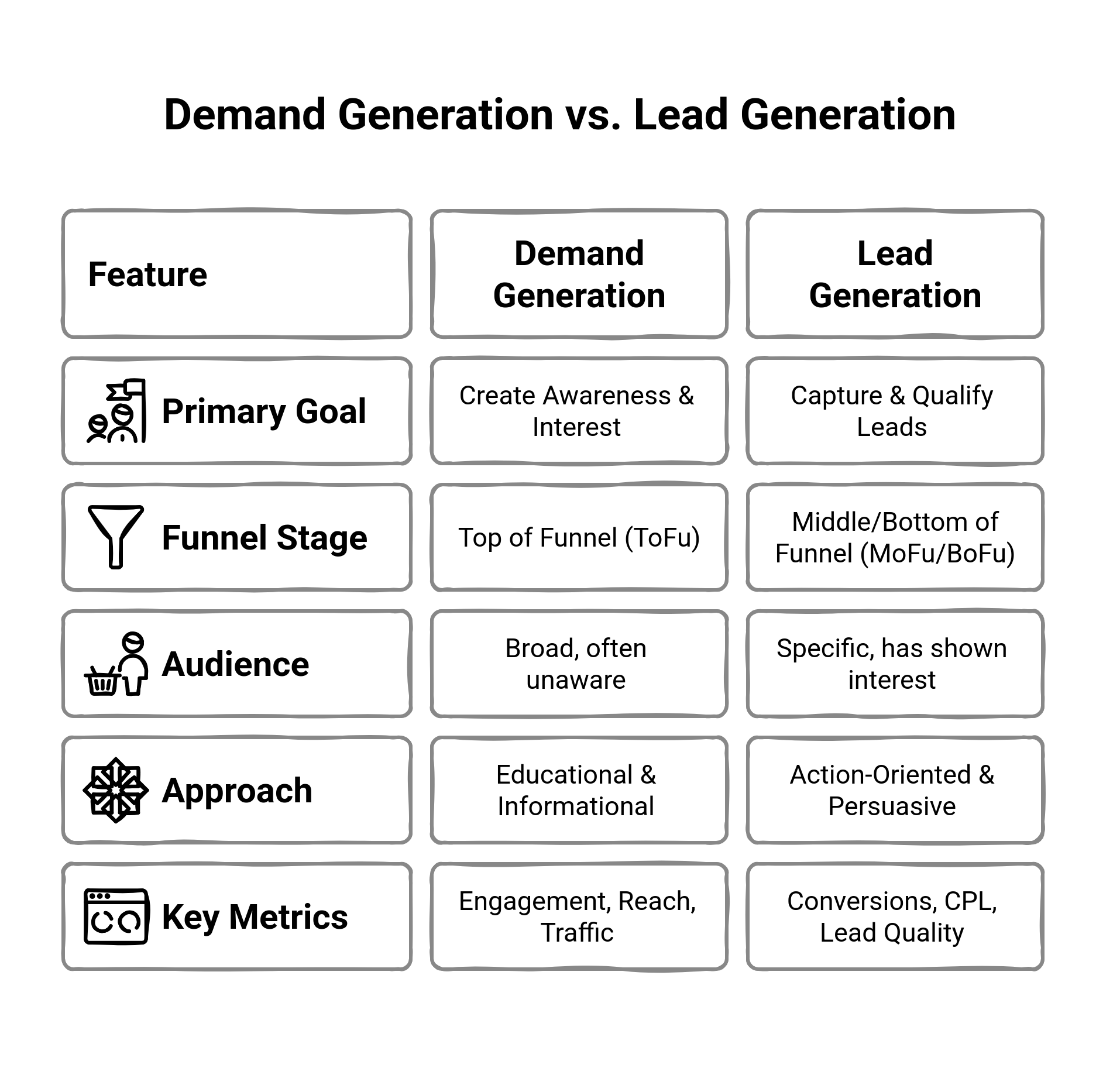 Graphic showing demand generation vs lead generation