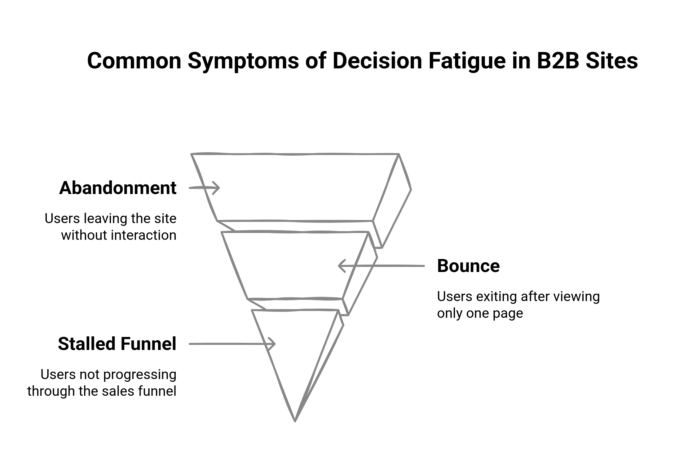 A funnel diagram showing the common symptoms of decision fatigue in b2b sites