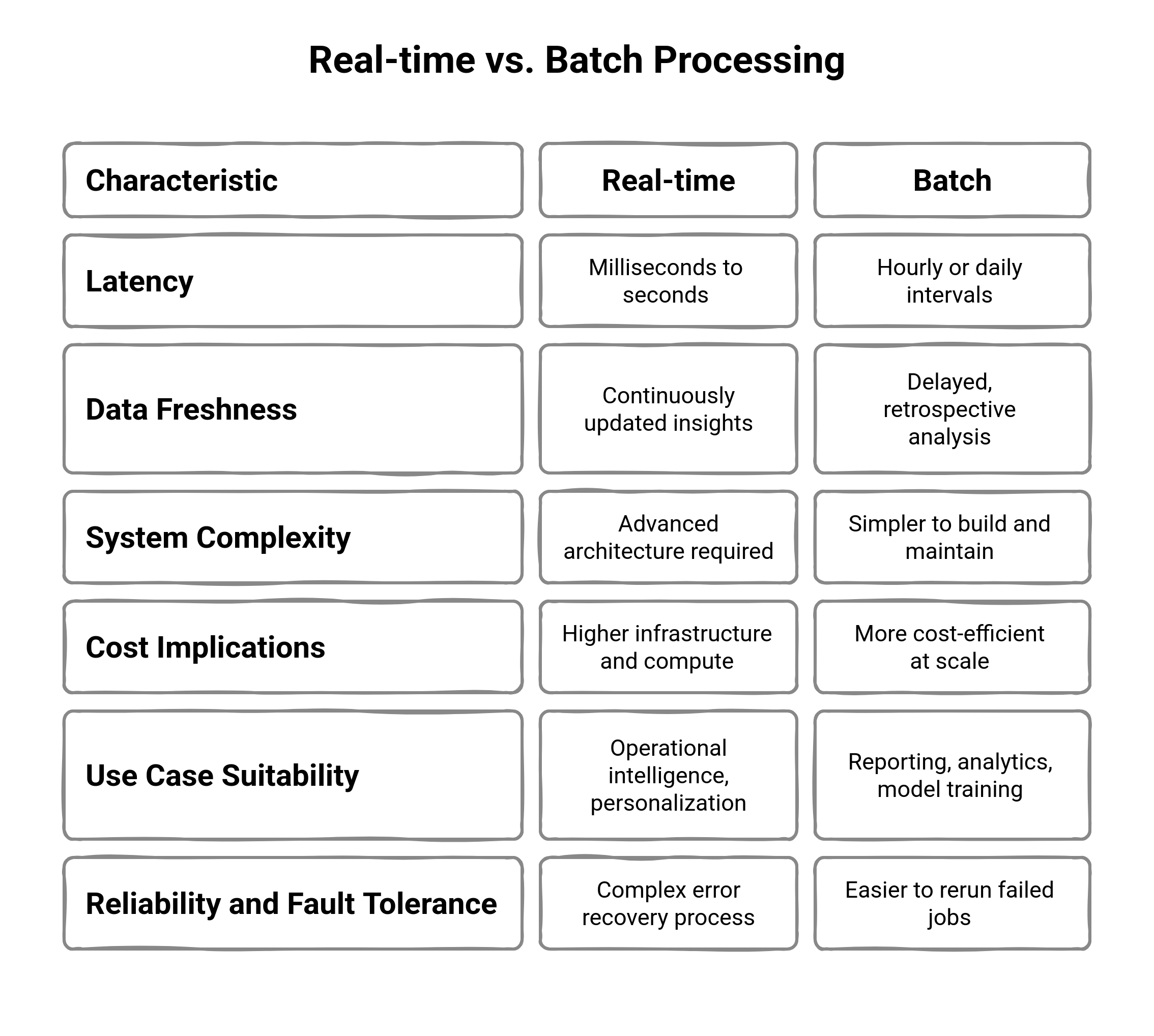 Table of Comparison real-time vs batch processing