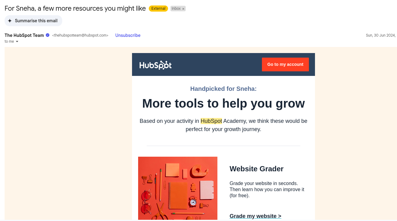 image showing a personalized email from hubspot